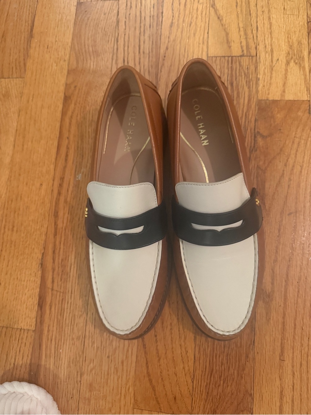 Cole Haan Tri-Color Leather Penny Loafers — White, Black & Brown